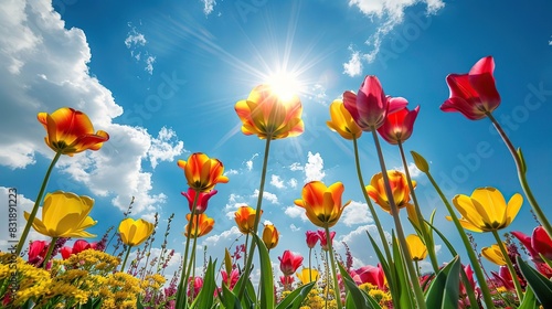 A field with tulips, beautiful tulips on a blue sky background