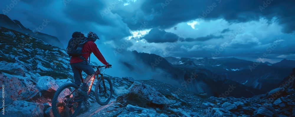 A silhouette of a mountain biker rides along the lakeside trail during the twilight, surrounded by an eerie, desolate landscape.