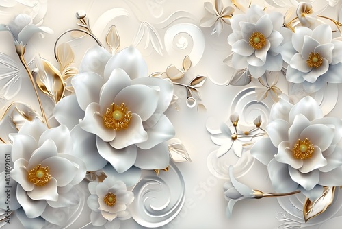 3d floral background with white and pink flowers, golden swirls and gold leaves on light blue background 
