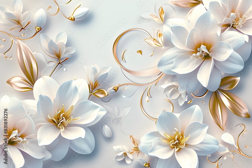 Obraz premium 3d wallpaper with white and pink flowers, golden swirls and leaves on light blue background. Elegant floral frame for wall art design, mural 