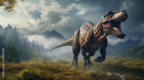 Dinosaur Running in Field With Mountains