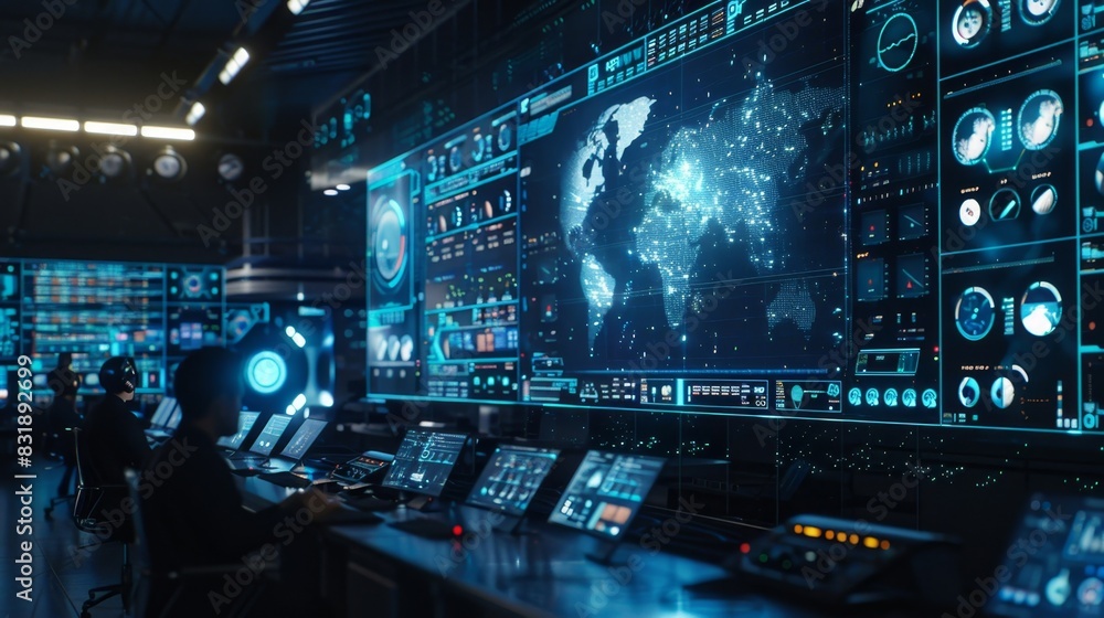 A large network operations center is manned by both humans and AI systems providing comprehensive protection against threats. A large network operations center is manned by both humans and AI systems providing comprehensive protection against threats.