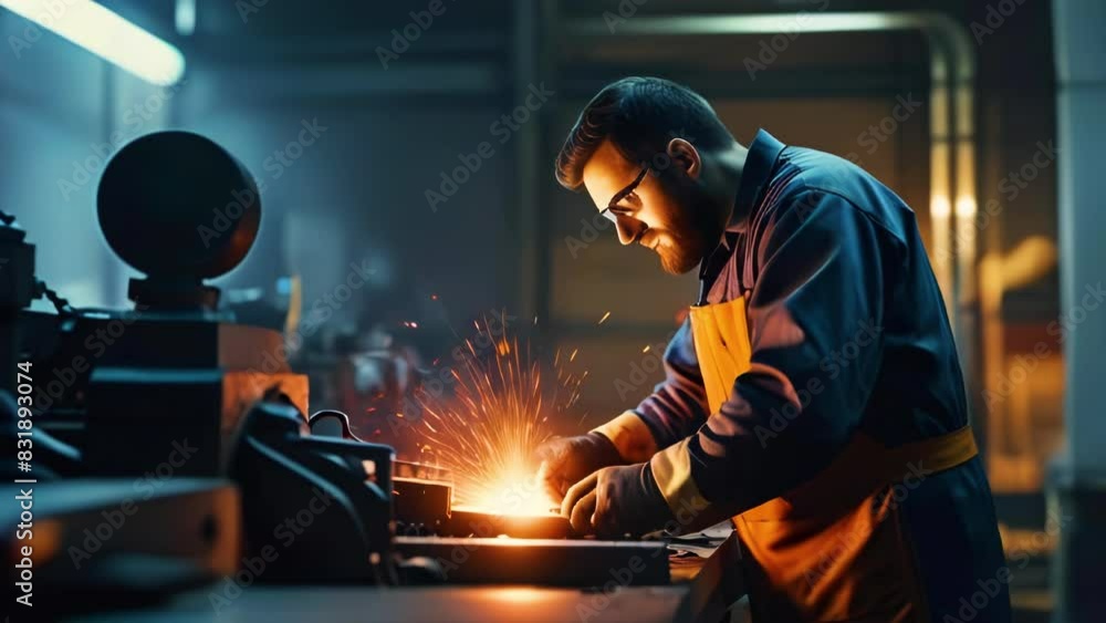 Factory worker in protective gear processes metal part in production. Hot sparks fly upward. Man is focused while working at metalworking plant. Factory worker in protective gear processes metal part in production. Hot sparks fly upward. Man is focused while working at metalworking plant.