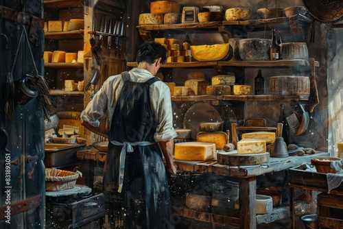 Cheese maker in workshop with assorted cheese wheels on shelves and counters, working diligently. Rustic and artisanal ambiance.