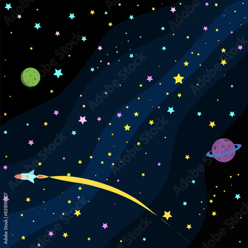 Kids Cartoon Wallpaper Space Milky Way with Stars and Planets. Vector illustration in the background there are planets with craters and a rocket with eluminators. Space atmosphere in childish style