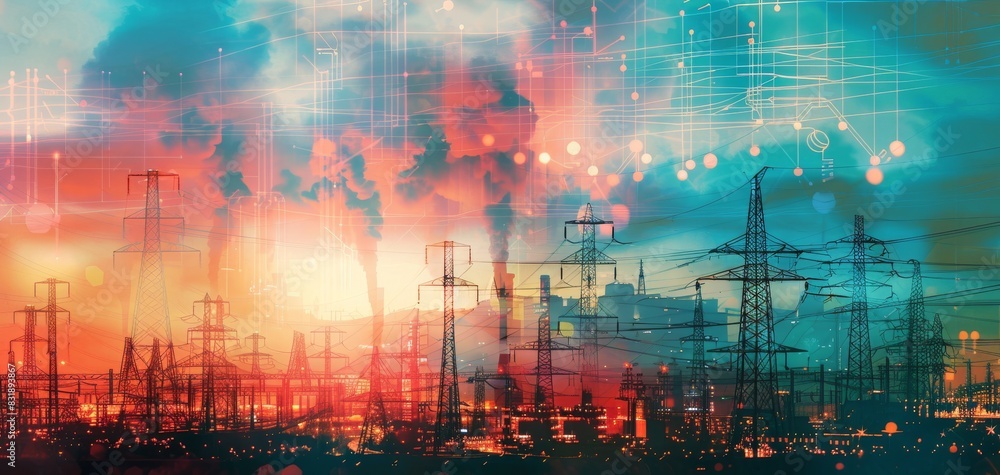 Fototapeta premium Energy sector in heavy industry close up, focus on, copy space, vibrant colors, Double exposure silhouette with power plants