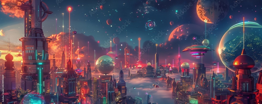 Craft a futuristic cityscape filled with holographic buildings and floating vehicles, glowing in neon colors against a starry sky backdrop