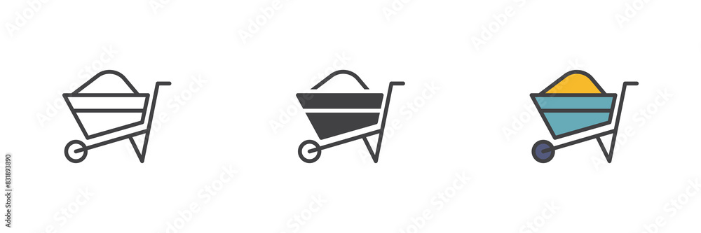 Wheelbarrow with sand different style icon set Wheelbarrow with sand different style icon set