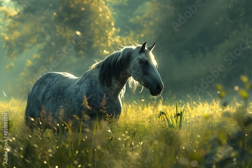 horse aspiring on a green meadow in the open freedom wild horse photo