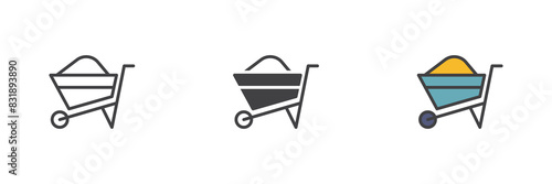 Wheelbarrow with sand different style icon set