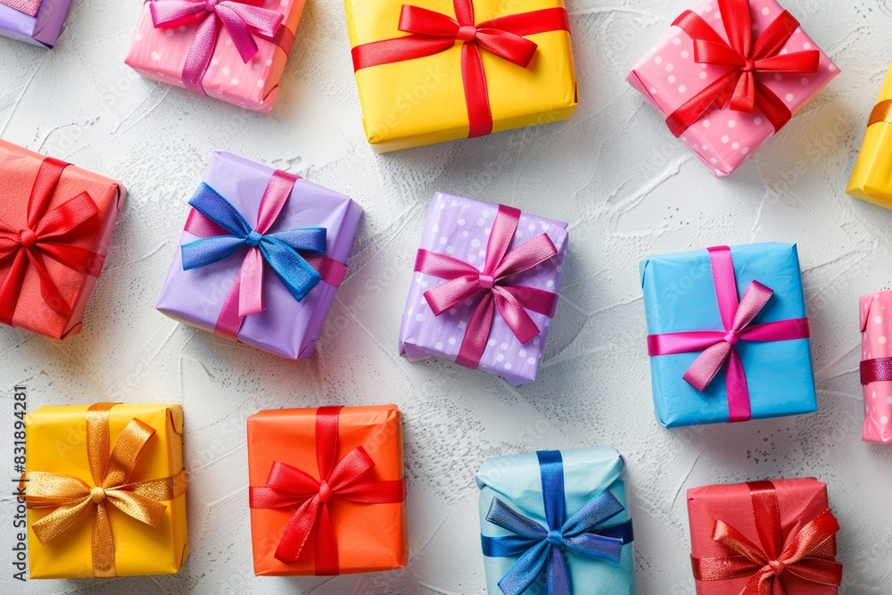 Colorful gift boxes with ribbons on a white textured background Colorful gift boxes with ribbons on a white textured background