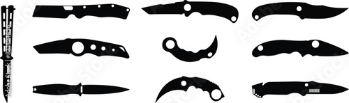 Pocket Knife Icons Set. Camp knife symbols. Vintage hand drawn travel elements, camping equipment in trendy fill styles. Pocket knife icons or logos signs vectors isolated on transparent background.