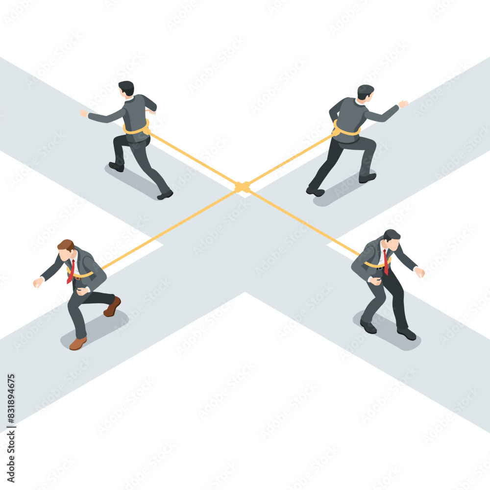 isometric vector business people tied together with ropes pull each other in different directions at an intersection, in color on a white background, rival tug of war isometric vector business people tied together with ropes pull each other in different directions at an intersection, in color on a white background, rival tug of war