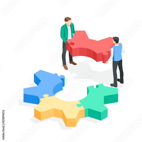 isometric vector people putting together puzzles in the form of a gear, in color on a white background, teamwork and common business goal