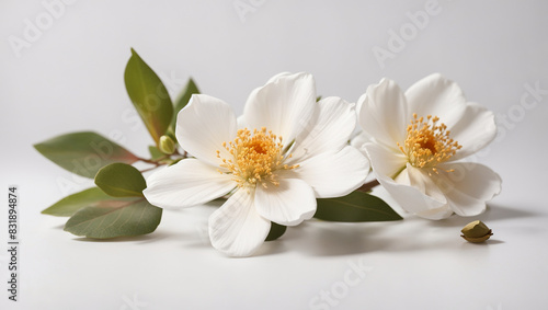 white flowers with yellow centers on a white background.