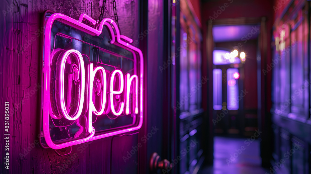 Neon 'Open' sign glowing in a dimly lit hallway. Neon 'Open' sign glowing in a dimly lit hallway.