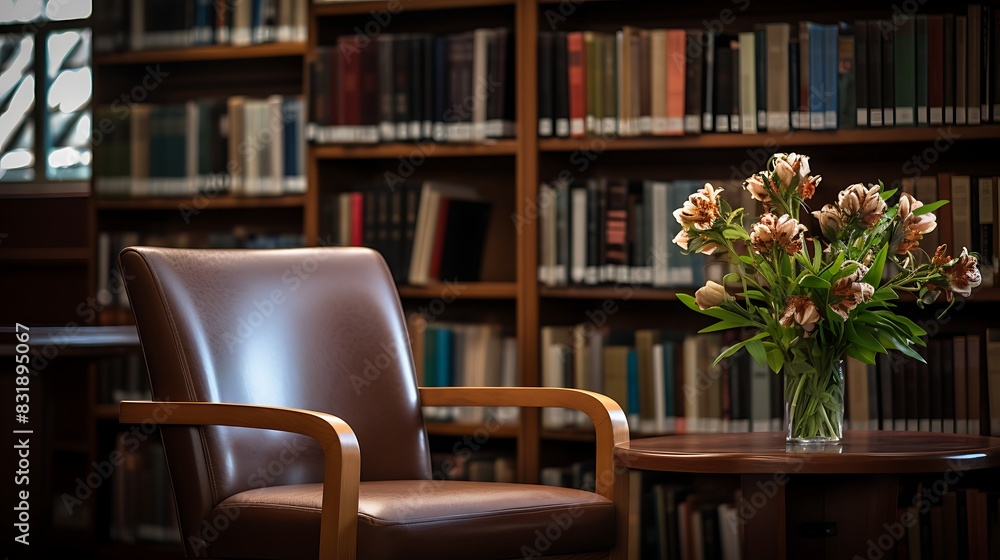 A chair is seen in a library with books and a flower. Generative AI A chair is seen in a library with books and a flower. Generative AI