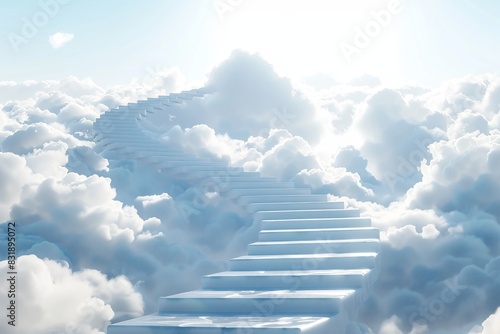Stairway of clouds leading upwards into a bright light sky