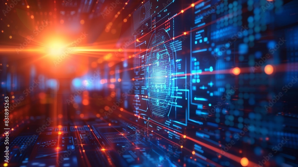 A futuristic space with a blue hologram screen in the center. The technology background A futuristic space with a blue hologram screen in the center. The technology background
