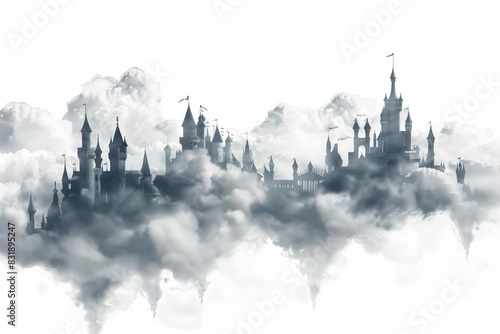 Clouds shaped like fairy-tale castles with tall spires and towers