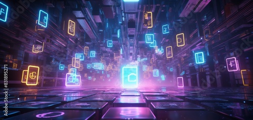 A 3D CG rendering of digital currency symbols floating mid-air in a neon-lit cybernetic environment