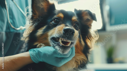 A happy dog enjoys attention during a check-up at a vet s office.