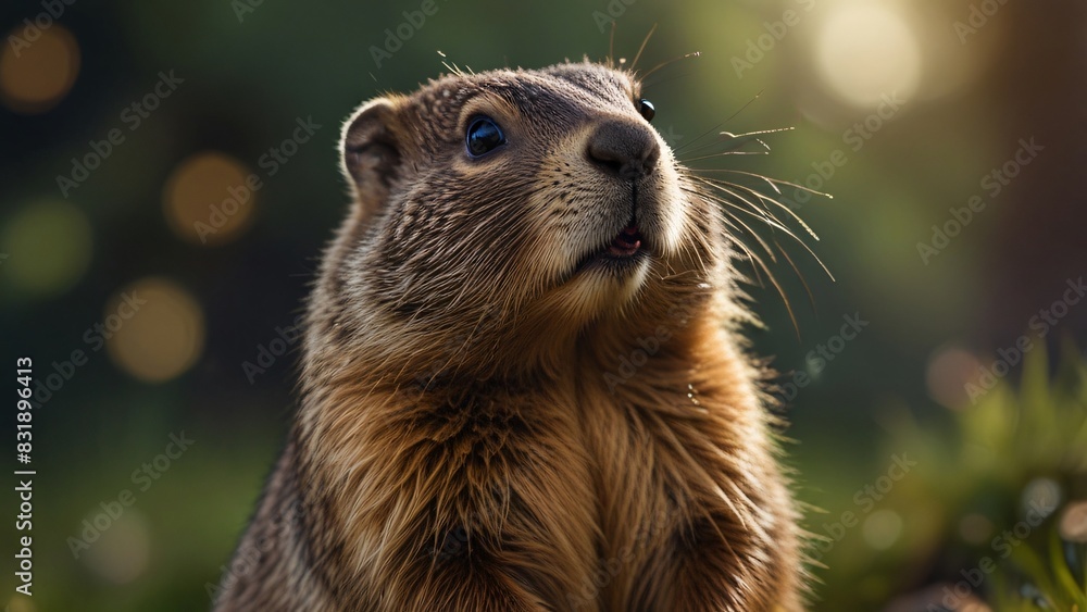 closeup portrait wild groundhog in nature