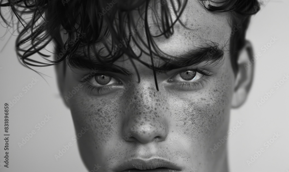 Young man with freckles and intense eyes staring ahead Young man with freckles and intense eyes staring ahead