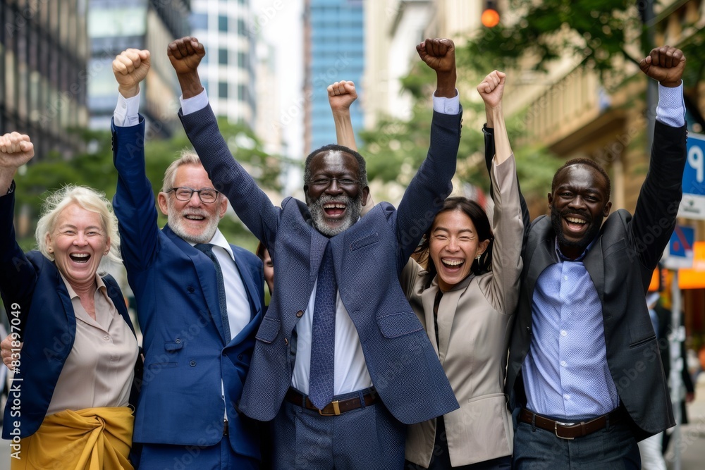 Group of diverse business people celebrating a victory in the middle of the street Group of diverse business people celebrating a victory in the middle of the street