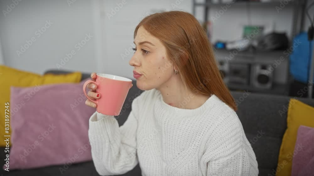 A young woman enjoys a hot drink in a cozy living room, adding warmth to an inviting home setting. A young woman enjoys a hot drink in a cozy living room, adding warmth to an inviting home setting.