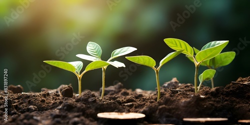 Image of sustainable business growth with coins seedlings arrows carbon credit. Concept Topics, Sustainable Business Growth, Coins, Seedlings, Arrows, Carbon Credits