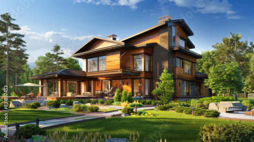Modern luxury house with an inviting design nestled in a serene woodland setting.