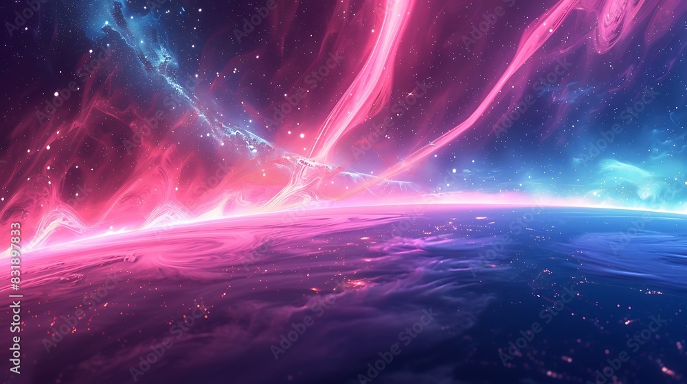 Obraz premium A virtual aurora, its pink and blue ribbons dancing across the binary poles, encoding cosmic messages