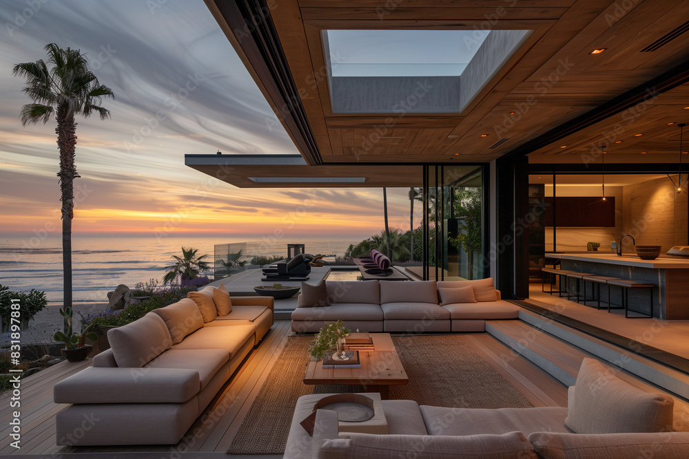 Coastal retreat with a modern minimalist outdoor patio, light and airy color palette, afternoon sunlight, open floor plan, seamless indoor-outdoor integration, sustainability-focused design. Coastal retreat with a modern minimalist outdoor patio, light and airy color palette, afternoon sunlight, open floor plan, seamless indoor-outdoor integration, sustainability-focused design.