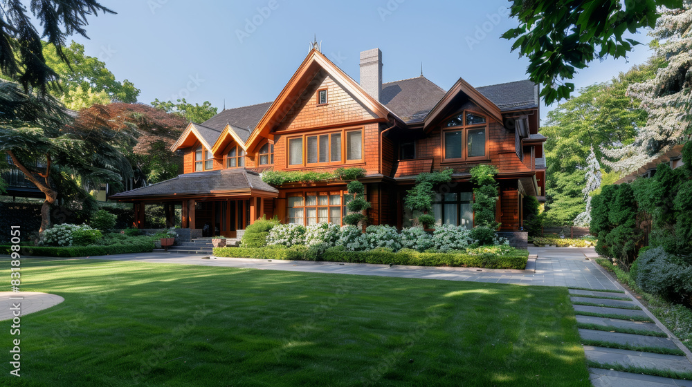 Majestic wooden mansion amidst lush gardens under clear skies.
