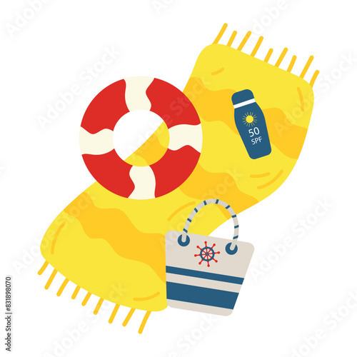 Yellow beach towel with tassels close-up isolated on white background. Swimming circle, sunscreen