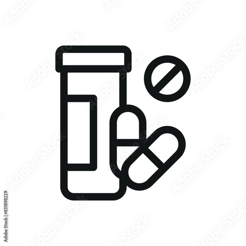 Prescription container and pills isolated icon, pill bottle vector symbol with editable stroke