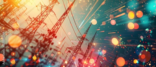 Hightech energy infrastructure close up, focus on, copy space, vibrant colors, Double exposure silhouette with grids photo