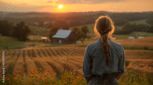 Woman gazing at a beautiful farm sunset  serene countryside landscape with barn and fields  reflecting tranquility and nature s beauty.