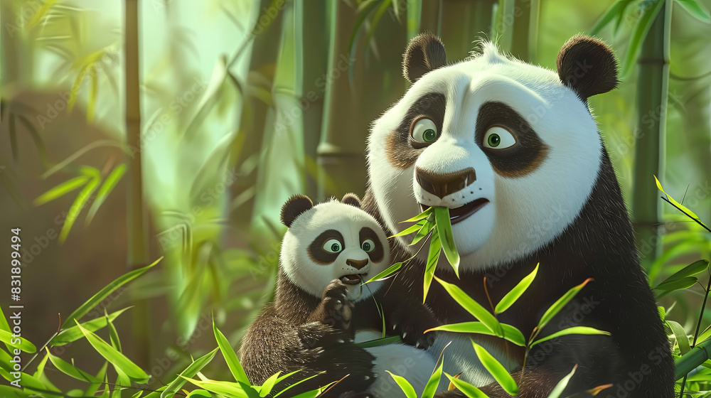 A panda with a baby panda eating bamboo leaves in the jungle A panda with a baby panda eating bamboo leaves in the jungle