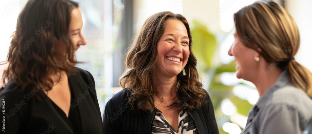 Three women with warm smiles engaged in a congenial conversation at the workplace. Three women with warm smiles engaged in a congenial conversation at the workplace.