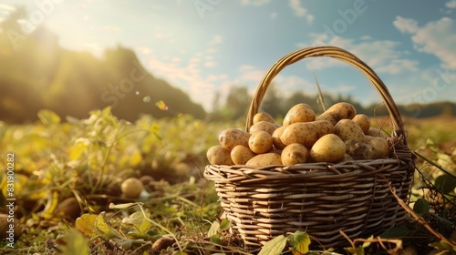 The concept of growing food. Fresh organic new potatoes in a basket in a farmer's field. A rich harvest of tubers on earth.