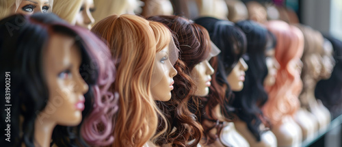 Rows of colorful wigs on display, showcasing a variety of hair styles and hues. © Ai Studio