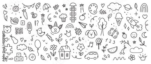 Children s drawings drawn in doodle style. Simple cute illustration isolated on white background.