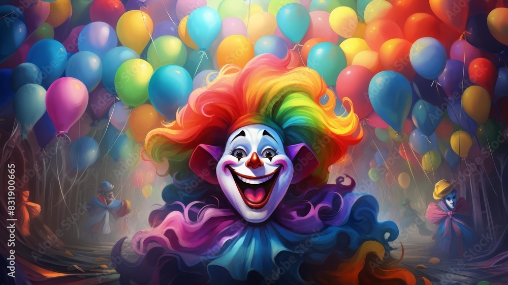 Render a colorful carnival with clowns and balloons, flat design, front view, celebration theme, painting, tetradic color scheme Render a colorful carnival with clowns and balloons, flat design, front view, celebration theme, painting, tetradic color scheme