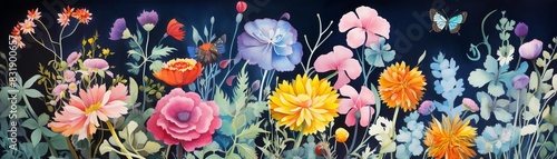 Illustrate a peaceful garden with flowers and butterflies, flat design, top view, botanical theme, painting, vivid colors