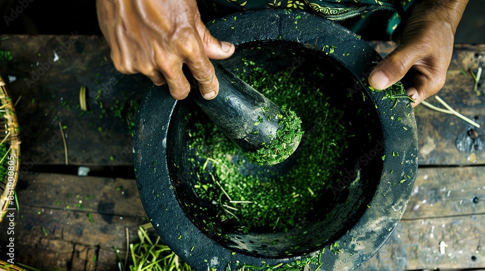Hands crushing herbs with mortar and pestle, close-up, green paste, detailed textures Hands crushing herbs with mortar and pestle, close-up, green paste, detailed textures