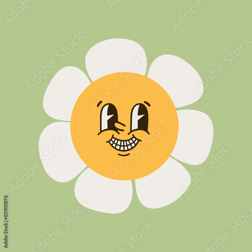 Collection of magnificent chamomile flowers. Retro daisy smiles in cartoon style. Set of happy 70s stickers. Vector graphic illustration in hippe style.