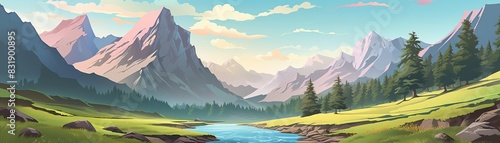 Illustrate a serene mountain landscape with a river and trees  flat design  top view  nature theme  3D render  colored pastel