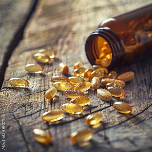 Close-up of nutritional supplements spilling out of a bottle on a wooden table, Natural, Digital Art.